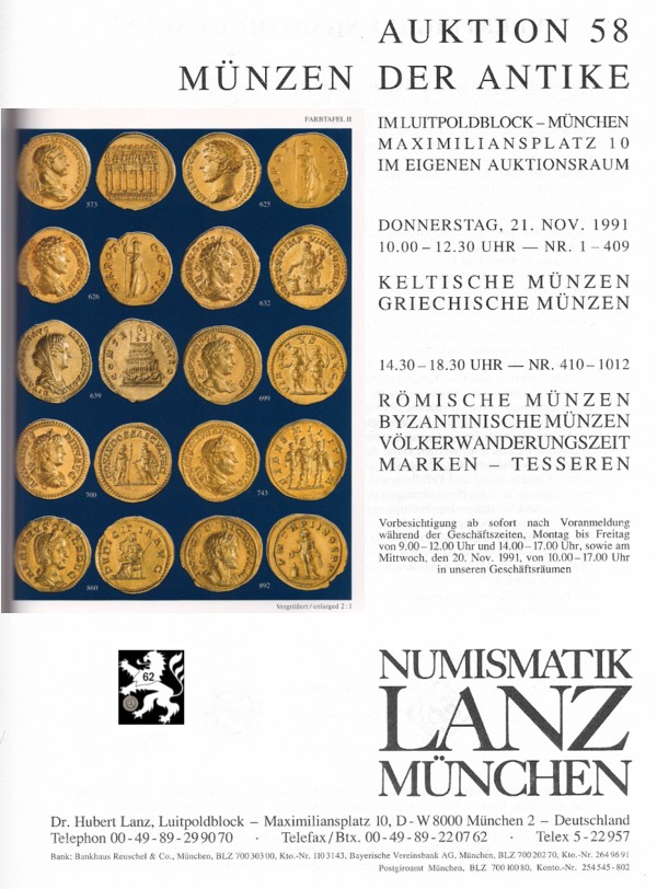  Lanz ( München ) Auktion 58 (1991) ANTIKE - Römische Republik & Kaiserzeit ,Griechen ,Kelten ,Byzanz   