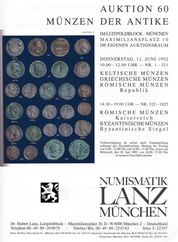  Lanz ( München ) Auktion 60 (1992) ANTIKE - Römische Republik & Kaiserzeit ,Griechen ,Kelten ,Byzanz   