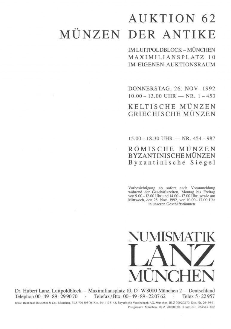  Lanz ( München ) Auktion 62 (1992) ANTIKE - Römische Republik & Kaiserzeit ,Griechen ,Kelten ,Byzanz   