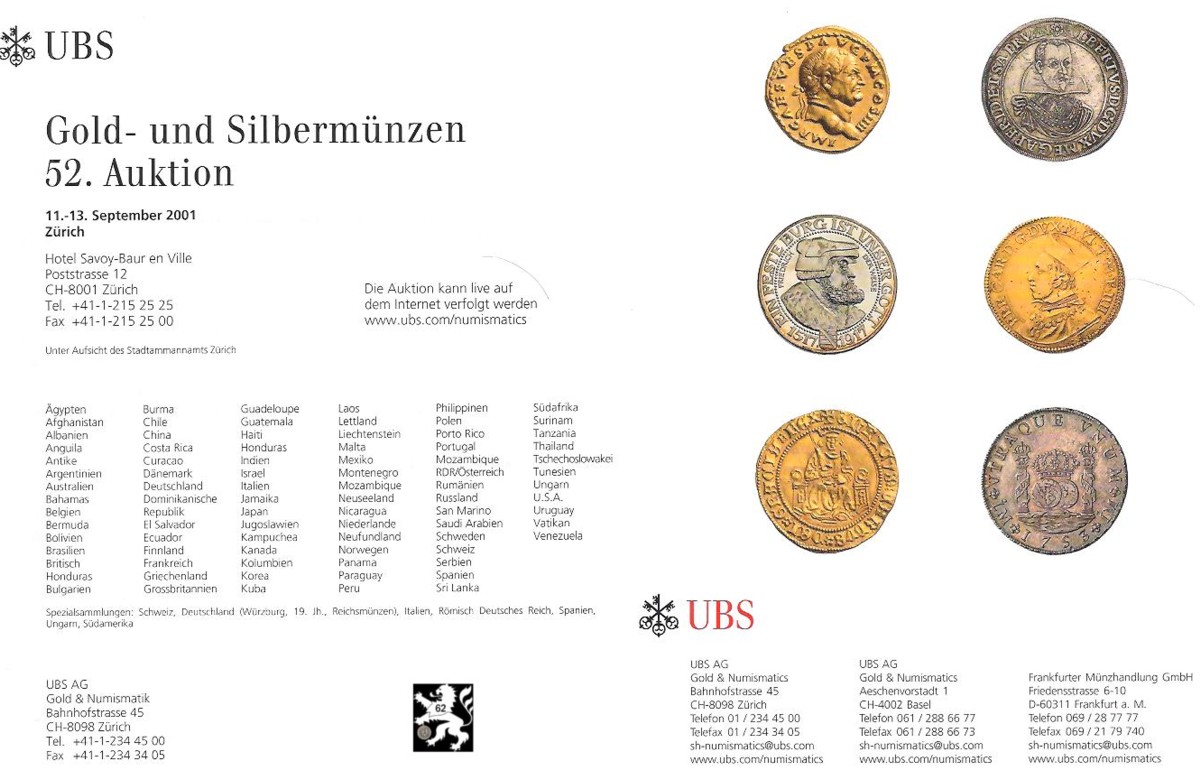  Schweizerischer Bankverein (Zürich) Auktion 52 (2001) Spezialgebiete Schweiz Würzburg Italien Ungarn   