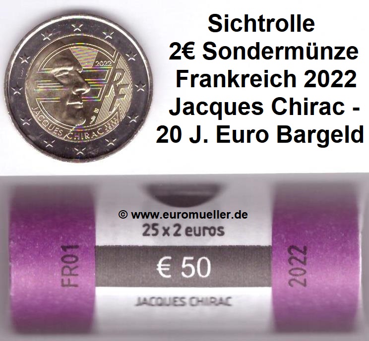 Frankreich Rolle...2 Euro Gedenkmünze 2022...Jacques Chirac   