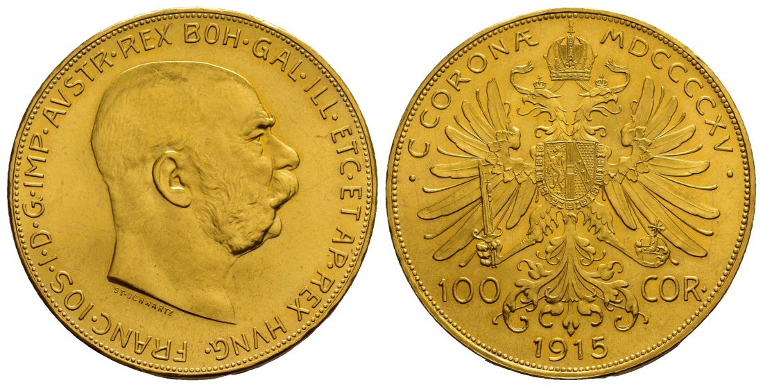 PEUS 7407 Österreich 30,49 g Feingold. Franz Joseph (1848-1916) 100 Kronen (off.NP) GOLD 1915 Stempelglanz