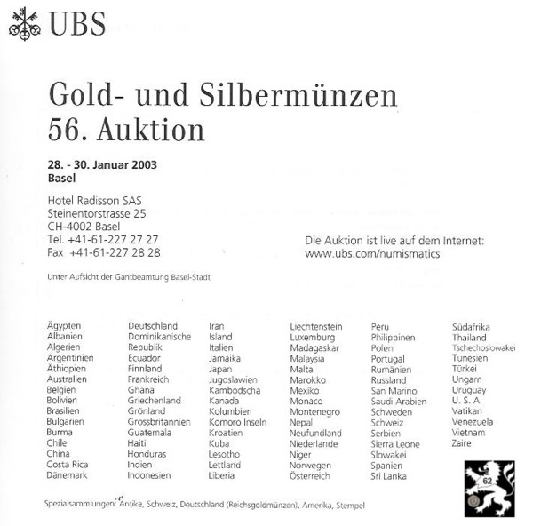  Schweizerischer Bankverein (Basel) Auktion 56 (2003) Antike ,Schweiz ,Deutschland (Reichsgoldmünzen)   