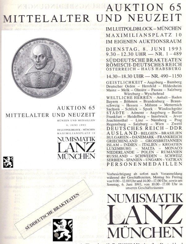  Lanz ( München ) Auktion 65 (1993) Mittelalter & Neuzeit ua Süddeutsche Brakteaten   