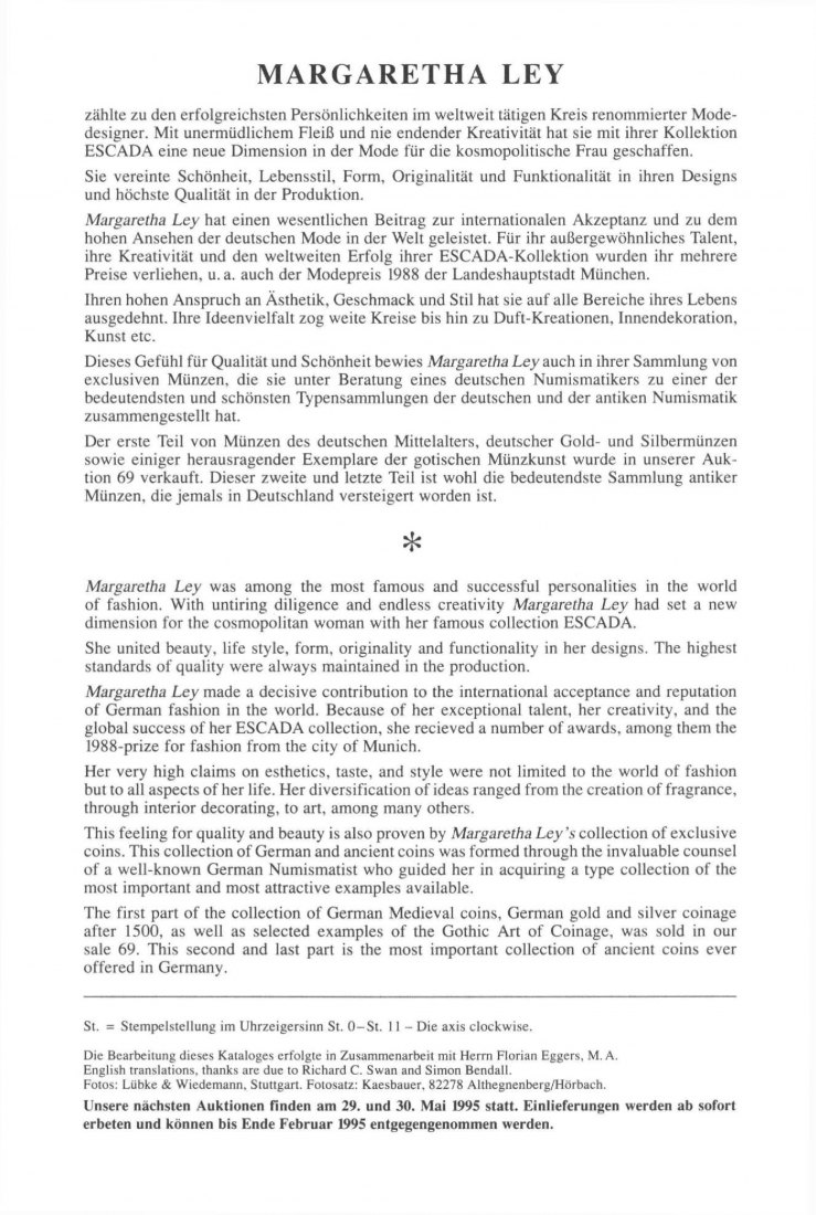  Lanz ( München ) Auktion 70 (1994) Sammlung Margaretha LEY - Münzen der Antike   