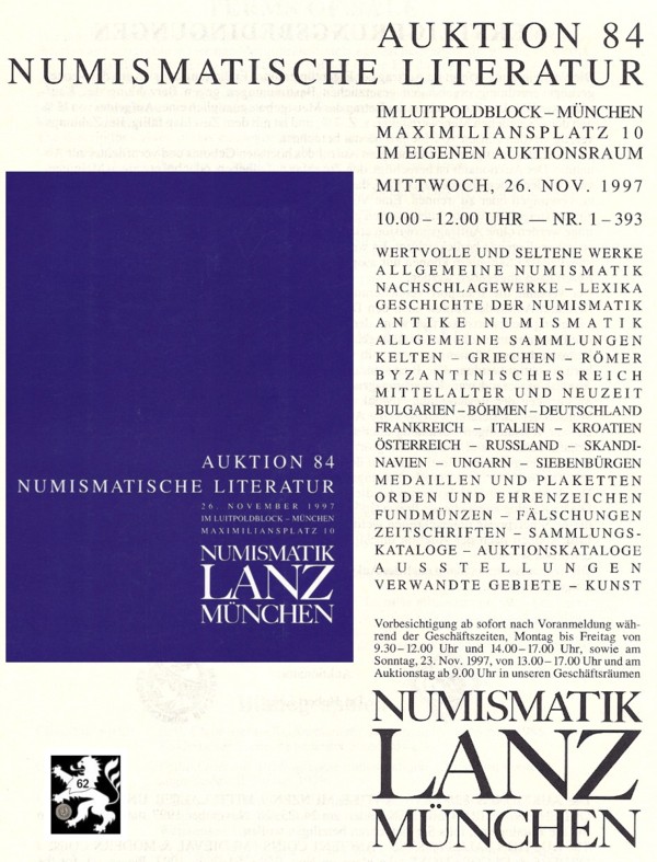  Lanz ( München ) Auktion 84 (1997) Numismatische Literatur   