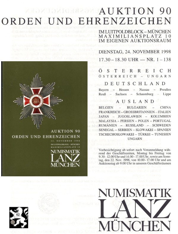  Lanz ( München ) Auktion 90 (1998) Orden und Ehrenzeichen   