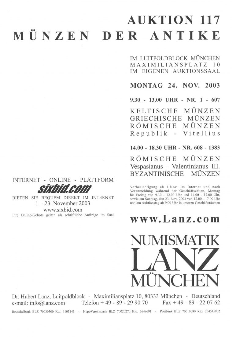  Lanz ( München ) Auktion 117 (2003) ANTIKE Römische Republik & Kaiserzeit ,Griechen ,Kelten ,Byzanz   