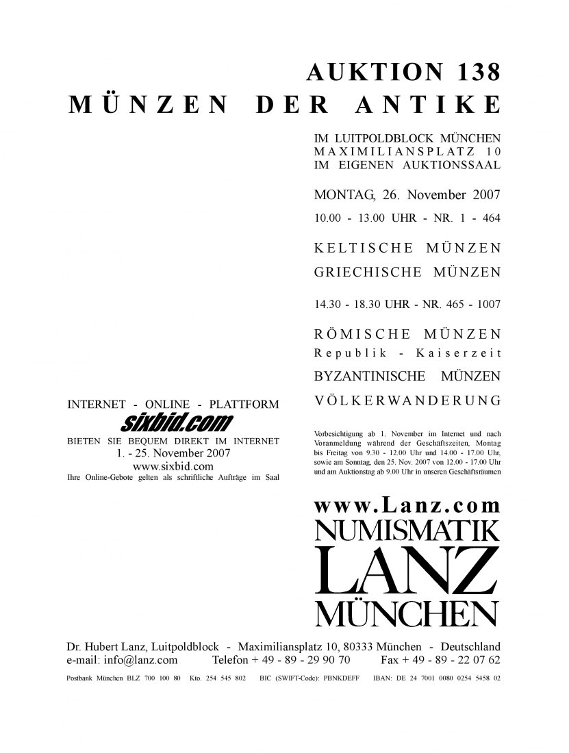  Lanz ( München ) Auktion 138 (2007) ANTIKE Römische Republik & Kaiserzeit ,Griechen ,Kelten ,Byzanz   