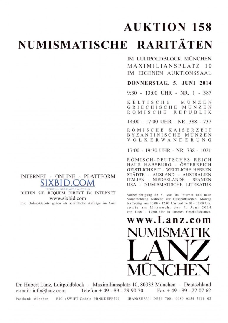  Lanz ( München ) Auktion 158 (2014) Numismatische Raritäten - Antike - Mittelalter - Neuzeit   