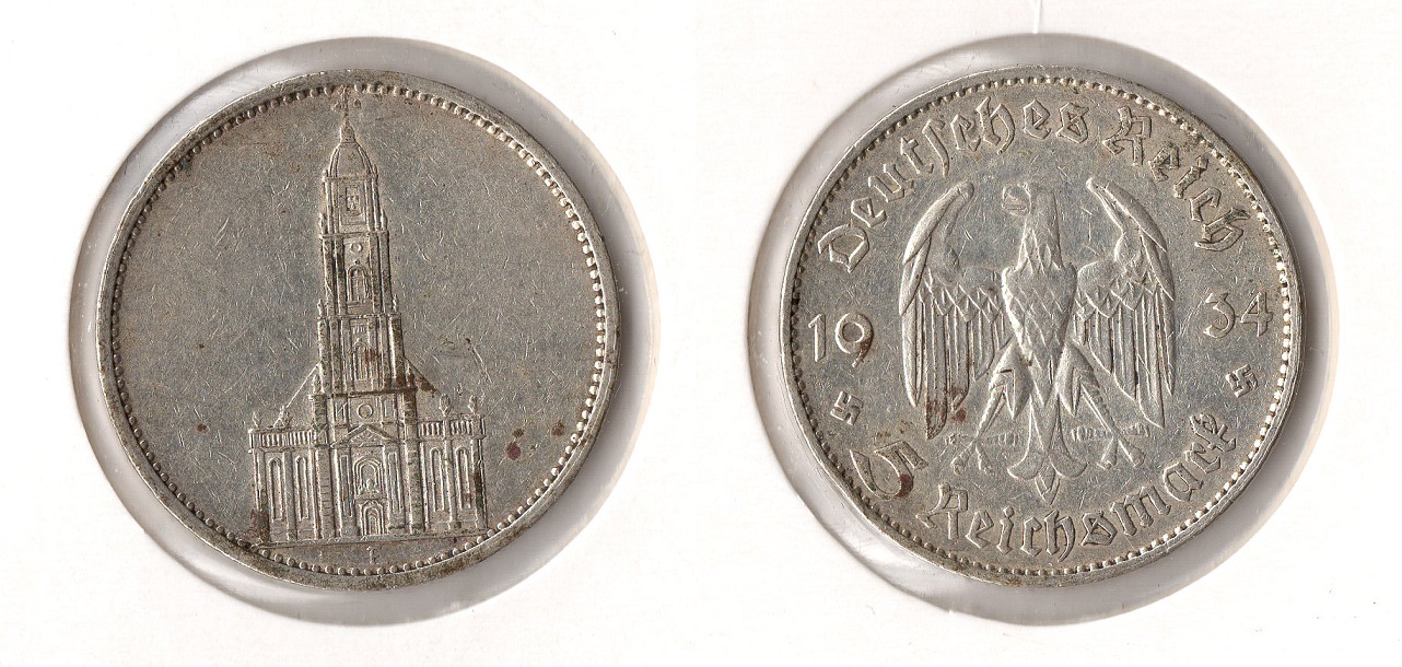  III. Reich 5 Reichsmark 1934 -F- Garnisonskirche Jaeger 357. Silber   