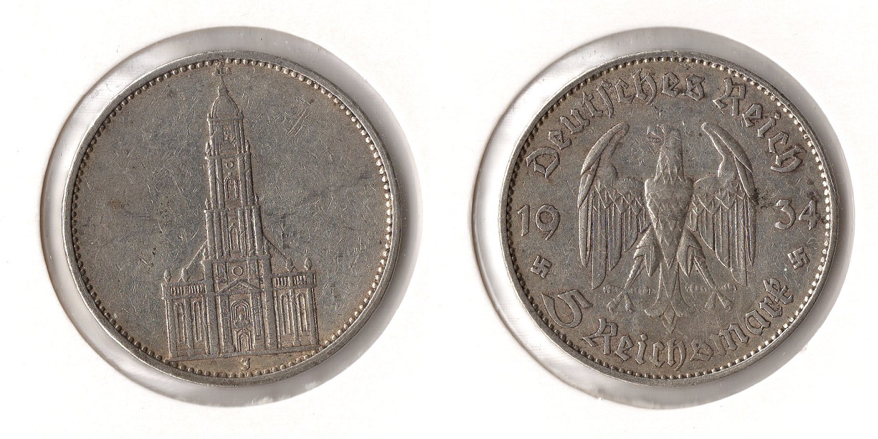  III. Reich 5 Reichsmark 1934 -J- Garnisonskirche Jaeger 357. Silber   