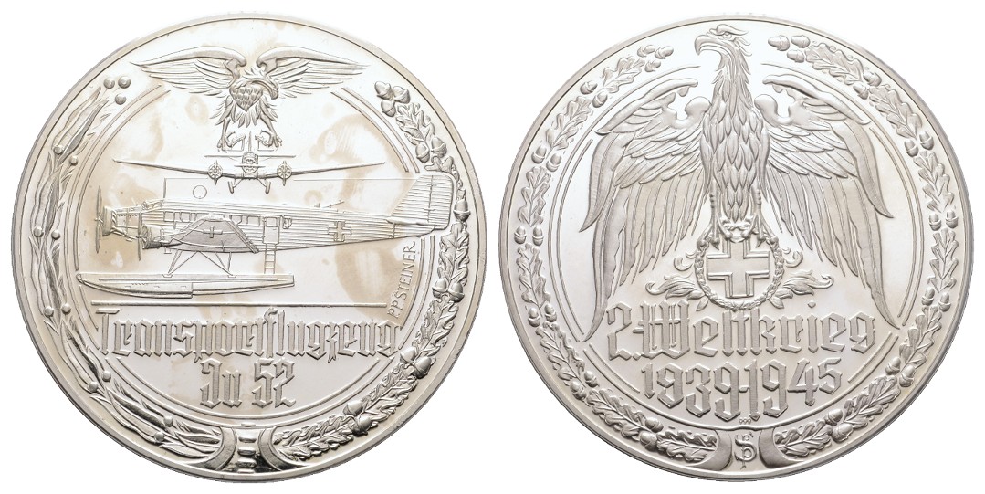  Linnartz 2. Weltkrieg Silbermedaille (Steiner) Transportflugzeut Ju52, Gewicht: 34,78g/999er, PP   