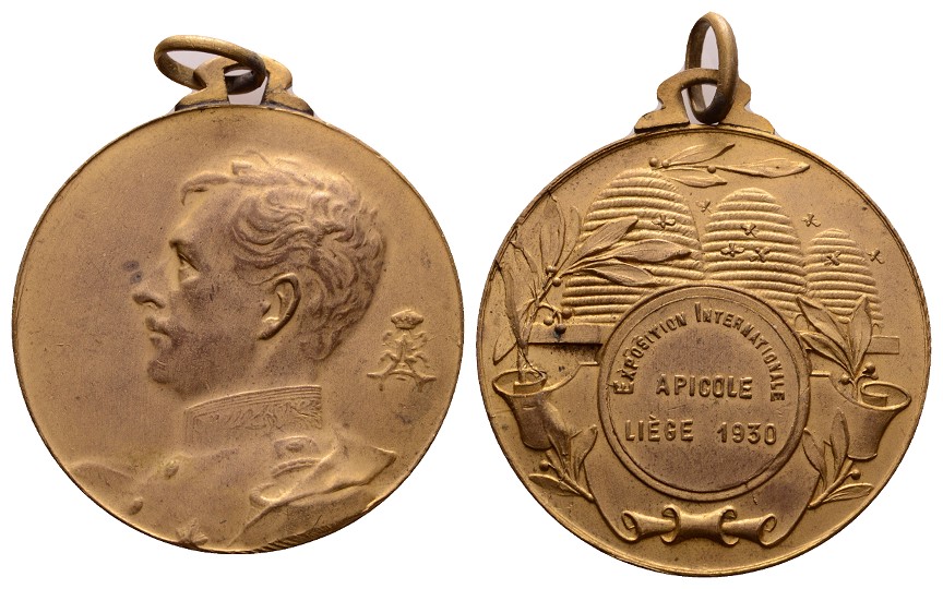  Linnartz LÜTTICH, Tragb. Vergoldete Bronze Preismed 1930, BIENENZUCHT, 50mm, vz+   