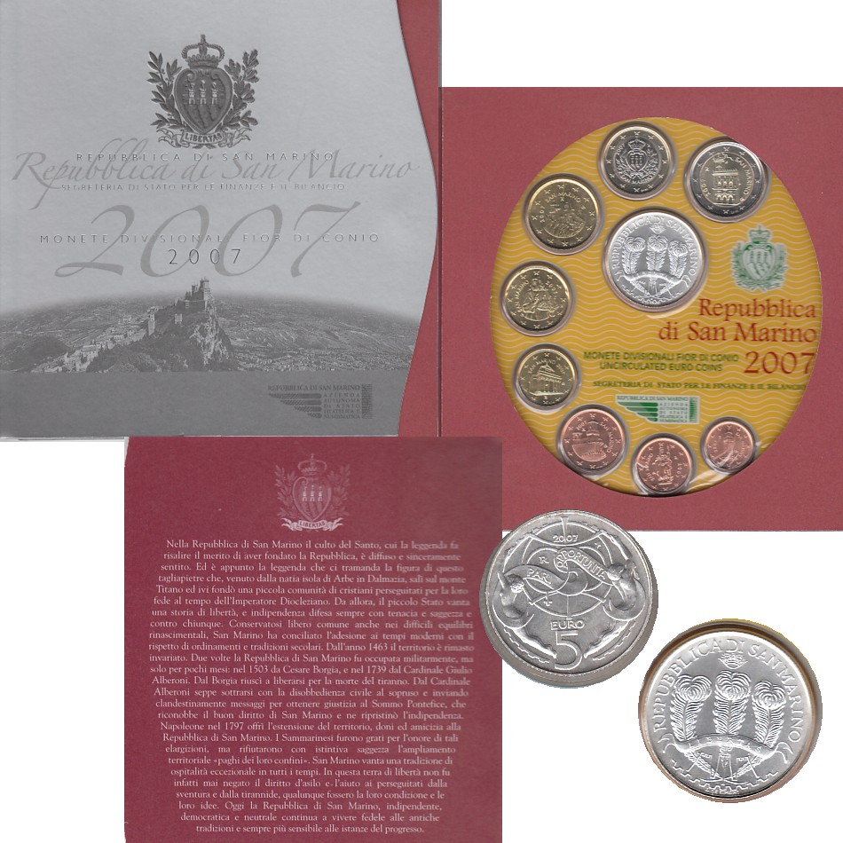  Offiz. Euro-KMS San Marino *Chancengleichheit* 2007 mit 5-Euro-Silbermünze   