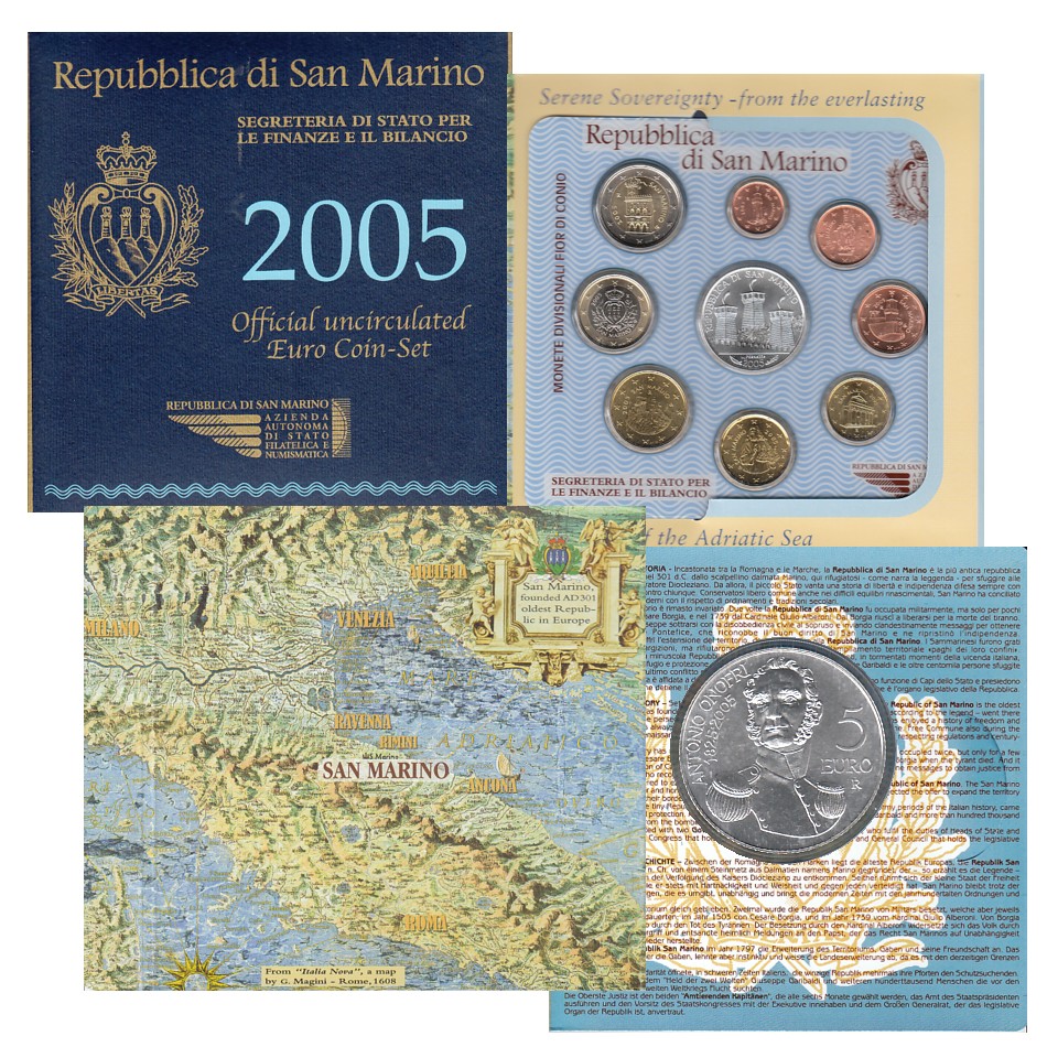  Offiz. Euro-KMS San Marino *Antono Onofri* 2005 mit 5 Euro-Silbermünze   