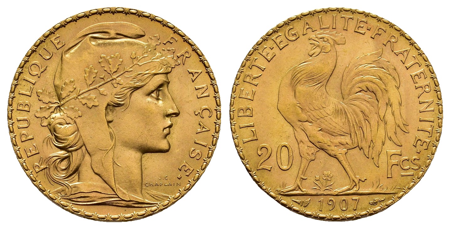 PEUS 7577 Frankreich 5,81 g Feingold. Marianne 20 Francs GOLD 1907 Vorzüglich