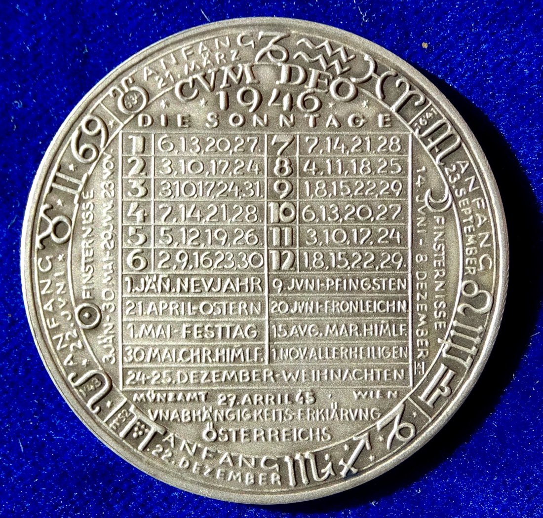  Österreich Kalendermedaille 1946 von Alfred Hoffmann, Münze Wien   