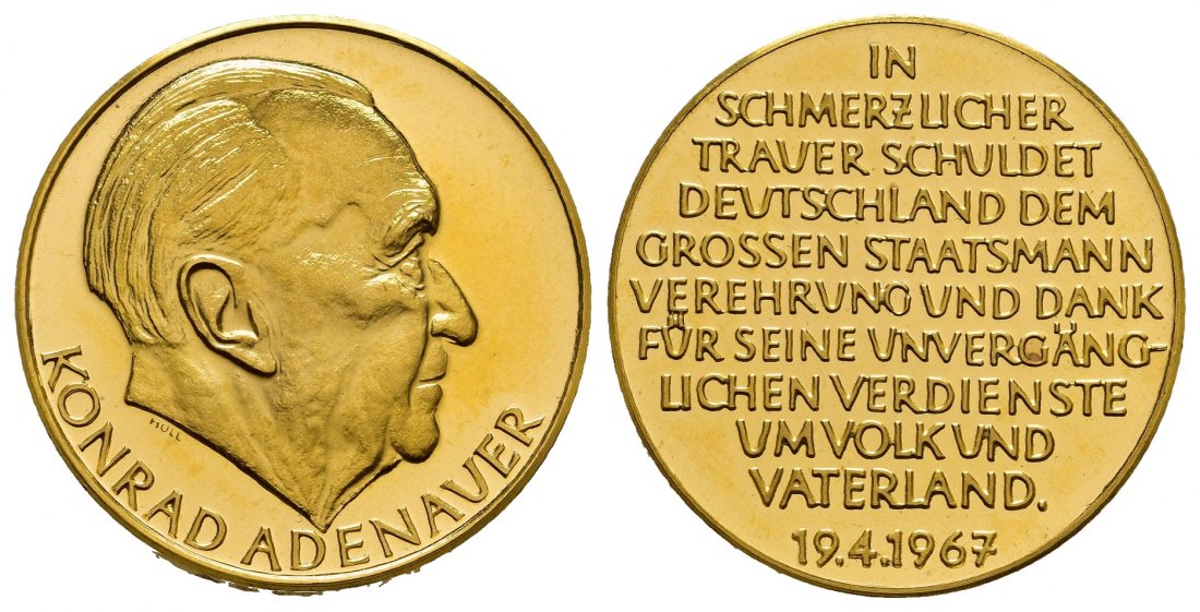 PEUS 7619 BRD 25 mm / 12,6 g Feingold. Konrad Adenauer Kopf / 11zeiler Goldmedaille o.J. Polierter Platte