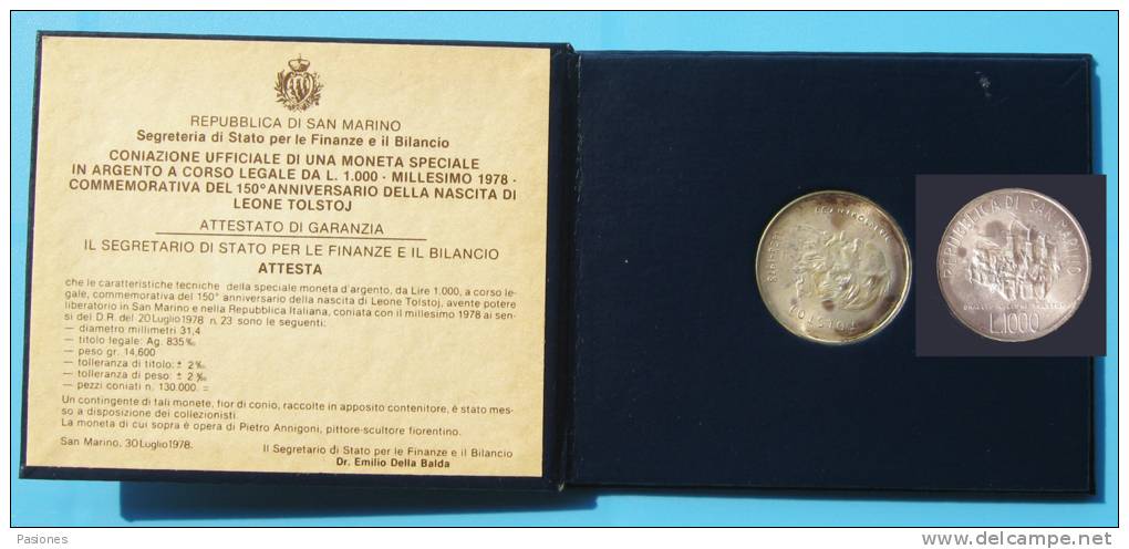  SAN MARINO - 1000 Lire 1978 Tolstoj - 14.6 Silber 835 OVP   