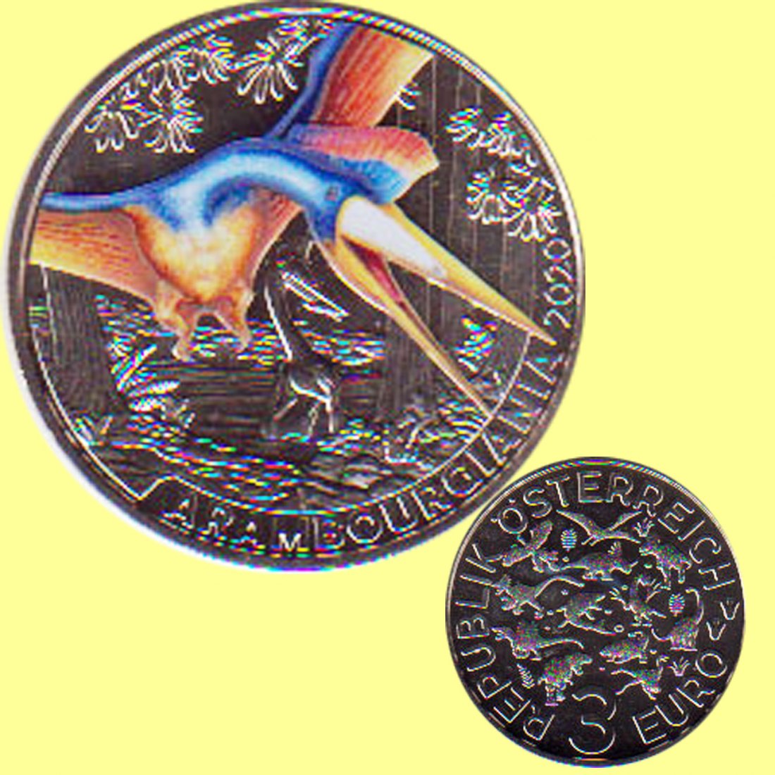  Offiz. 3 Euro-Farbmünze Österreich *Flugsaurier - Arambourg* 2020 Nachtaktive Münzen   