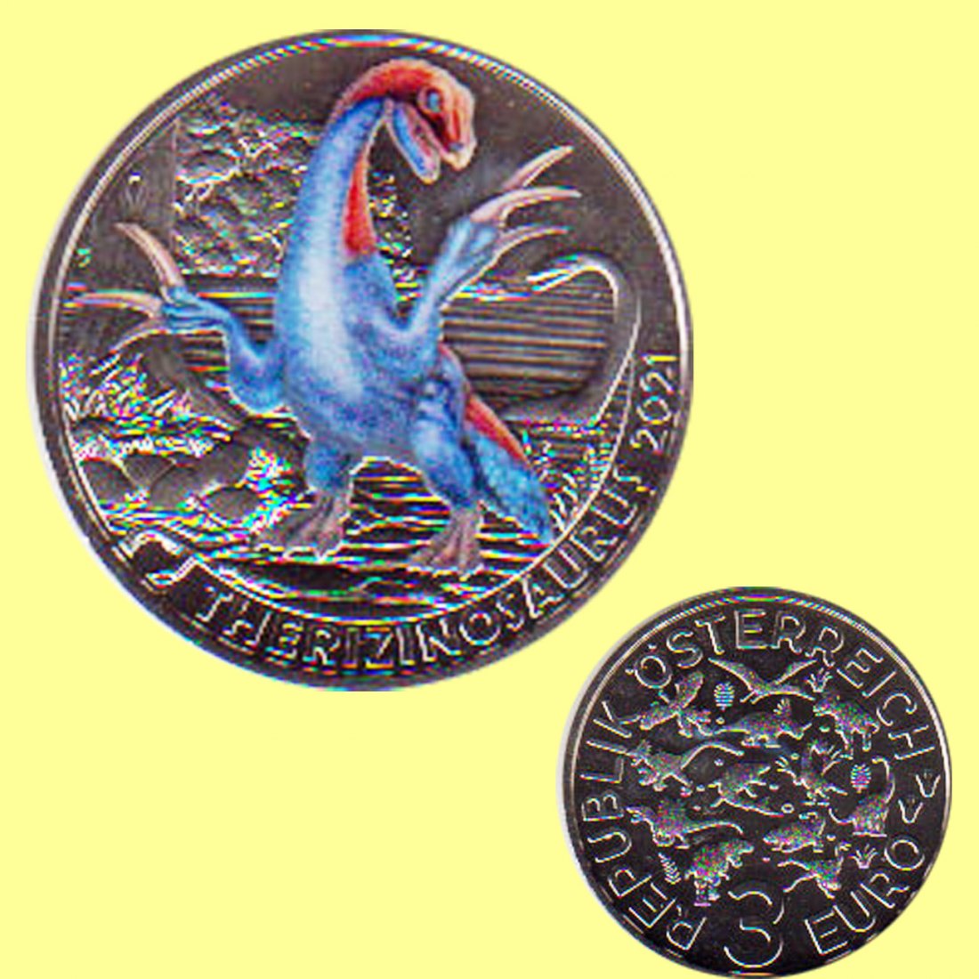  Offiz. 3 Euro-Farbmünze Österreich *Therizinosaurus cheloniformi* 2021 Nachtaktive Münzen   