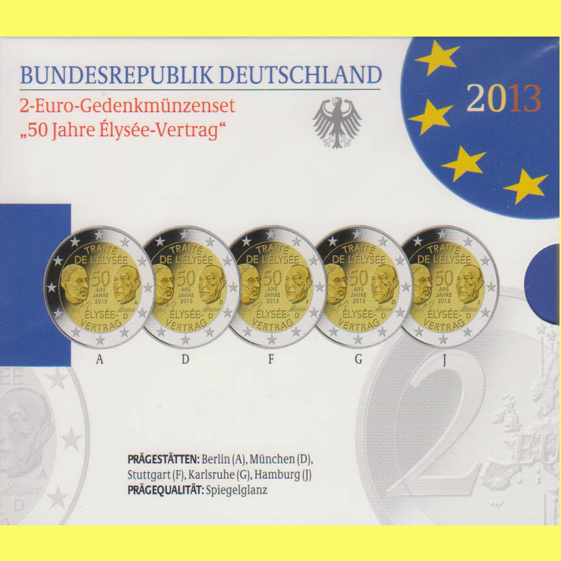  Offiz. 5x 2 Euro-Sondermünze A-J BRD *50 Jahre Elysee-Vertrag* 2013 *PP*   