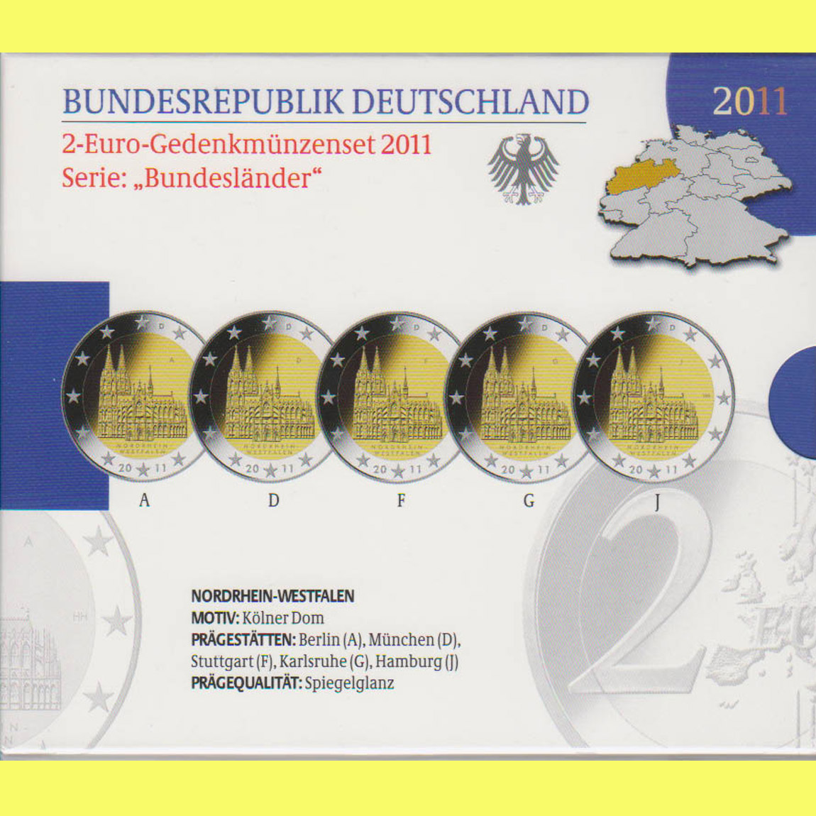  Offiz. 5x 2 Euro-Sondermünze A-J BRD *Kölner Dom* 2011 *PP*   
