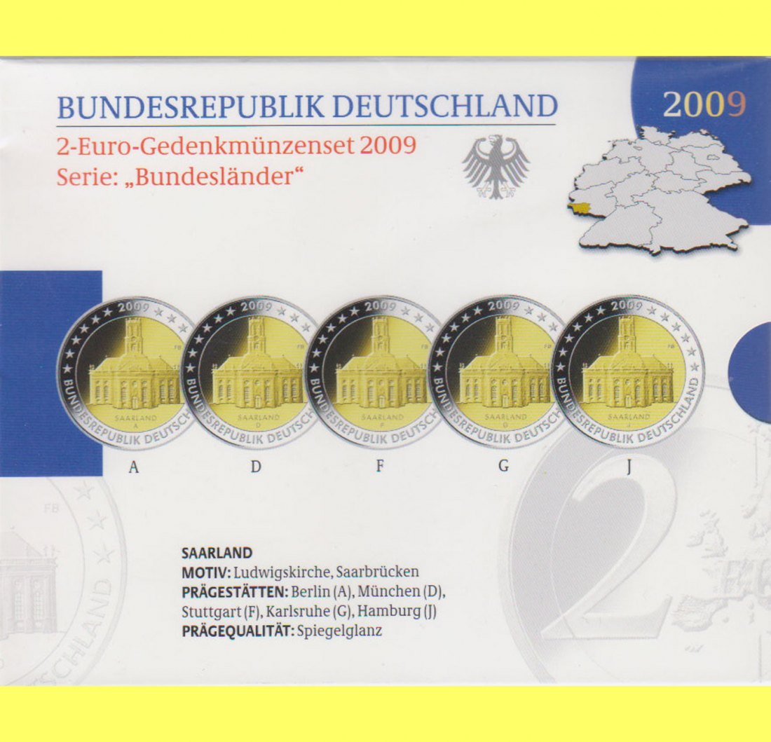  Offiz. 5x 2 Euro-Sondermünze A-J BRD *Ludwigskirche - Saarbrücken* 2009 *PP*   