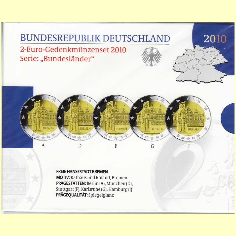  Offiz. 5x 2 Euro-Sondermünze A-J BRD *Hansestadt Bremen* 2010 *PP*   