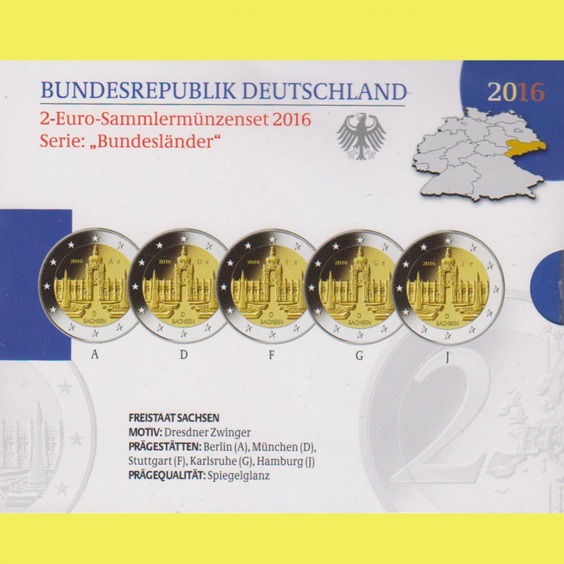  Offiz. 5x 2 Euro-Sondermünze A-J BRD *Dresdner Zwinger* 2016 *PP*   