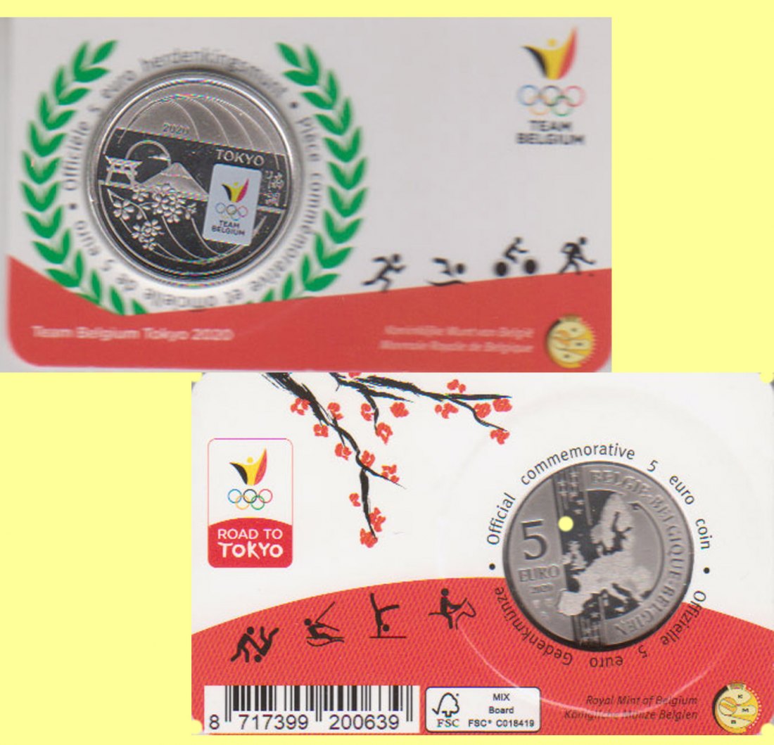  Offiz Coincard 5 €-Sondermünze Belgien *Team Begien in Tokyo* 2020 coloriert nur 7.500St!   