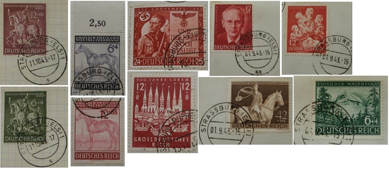  1943, Deutsches Reich, 7 St. Briefmarkenkarten mit 10 Briefmarken: Mi. DR 854-863   