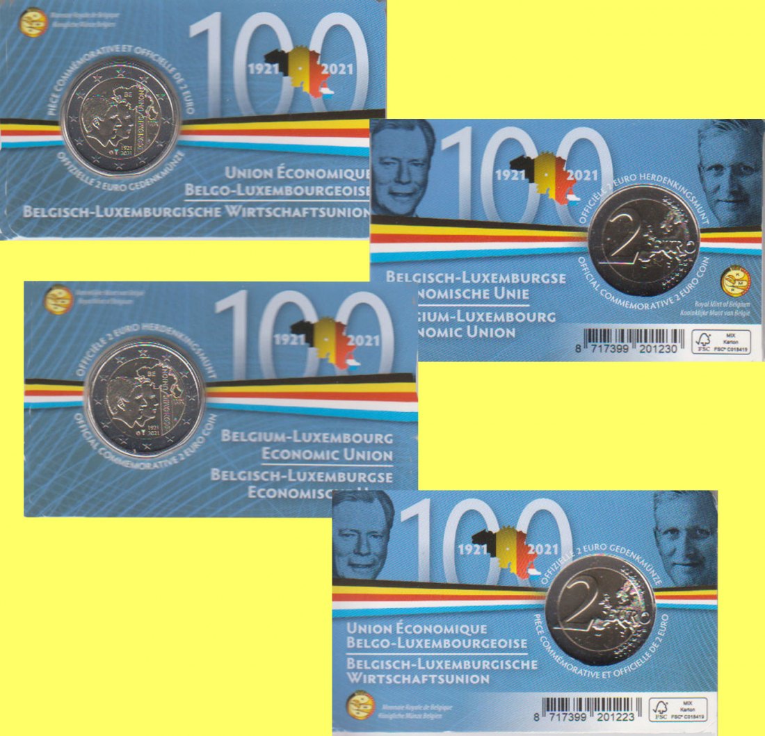  Offiz Coincard 2 x 2 €-Sondermünze Belgien *100 Jahre Wirtschaftsunion* 2021 Ausgabe NL + F   