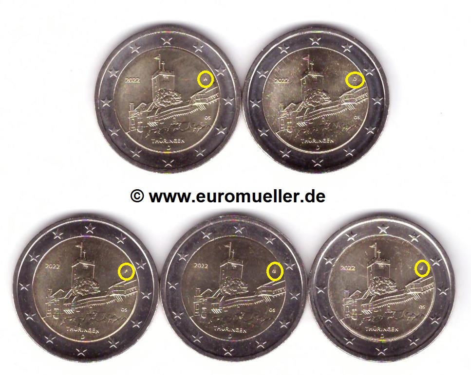 Deutschland 5x 2 Euro Gedenkmünze 2022...Thüringen...unc.   