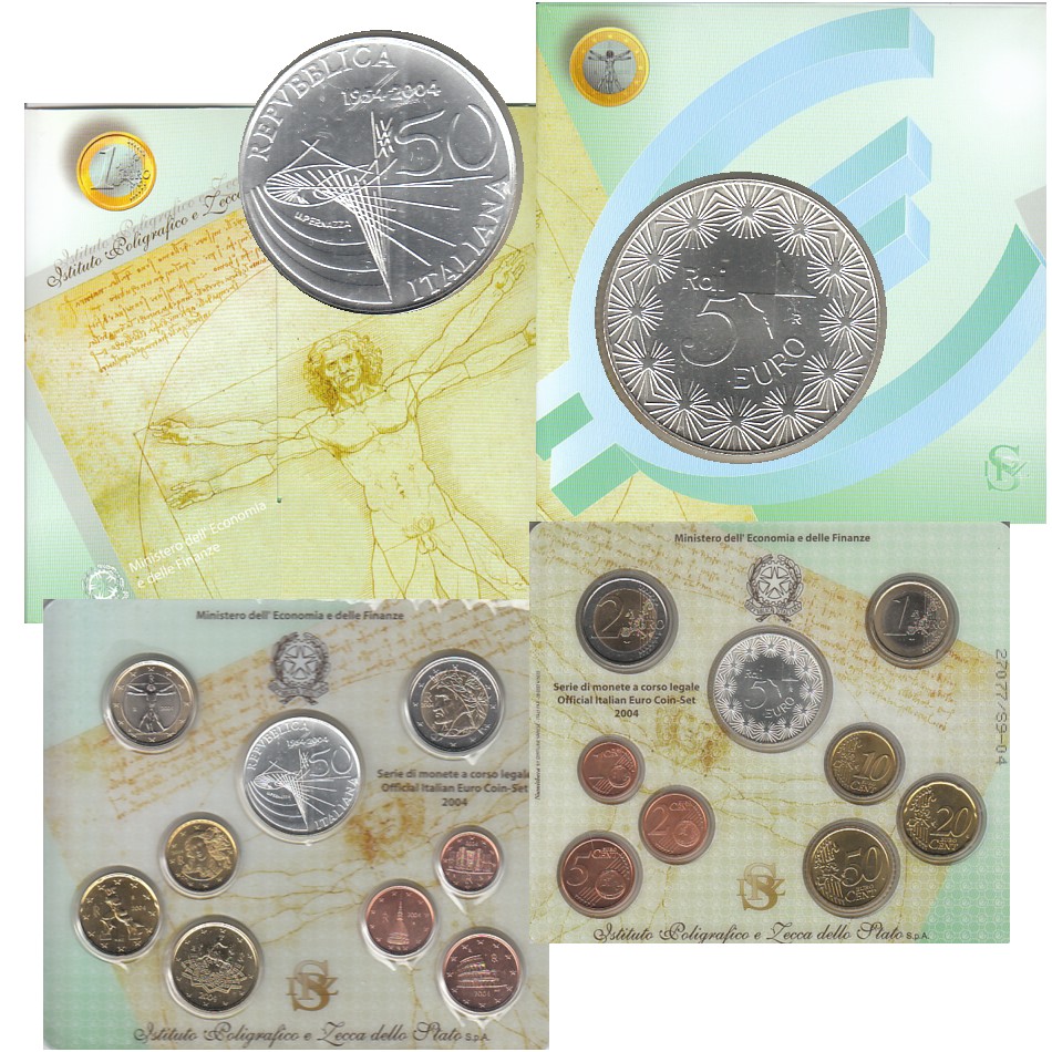  Offiz. Euro-KMS Italien 2004 mit 5 Euro-Silbermünze *Fernsehen* max 30.000St!   