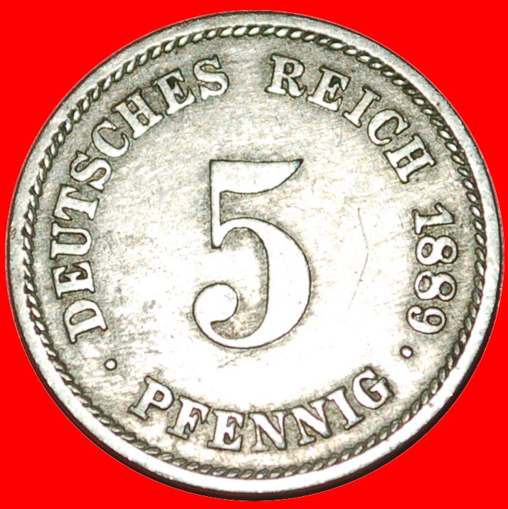  * ADLER (1874-1889): DEUTSCHLAND ★ 5 PFENNIG 1889G TIEFSTEHENDER 9! SELTEN! OHNE VORBEHALT!   