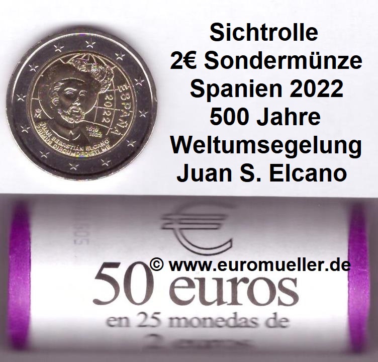 Spanien Rolle...2 Euro Gedenkmünze 2022...Weltumsegelung Elcano   