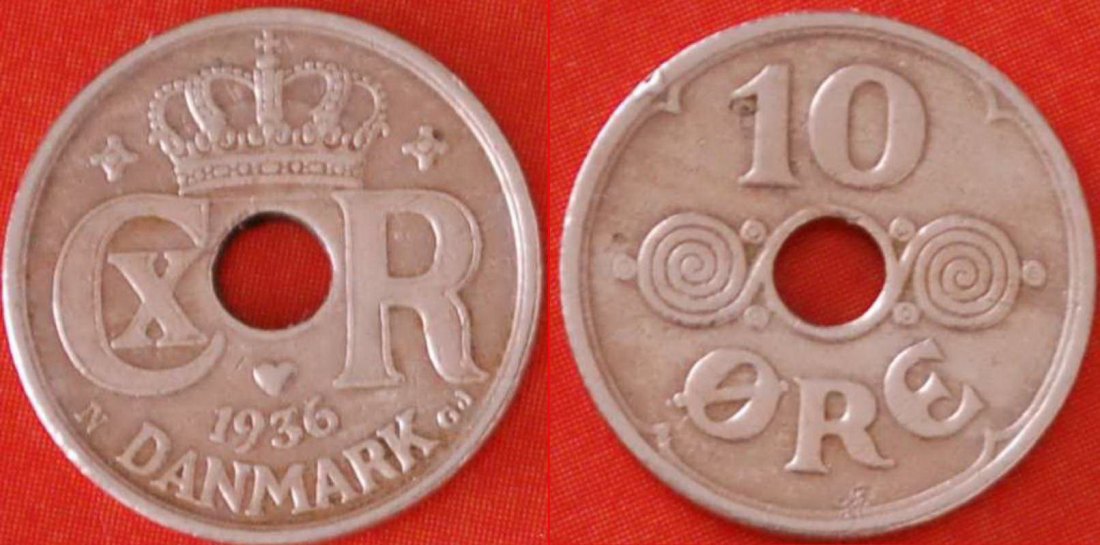  Ⰶ LOCH (1924-1947) ** DÄNEMARK 10 OERE 1936!!! CHRISTIAN X. (1912-1947) OHNE VORBEHALT!   