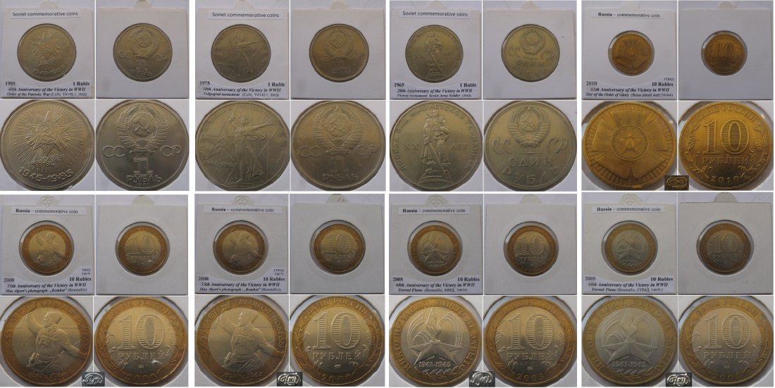  1965-2010, UdSSR/Russland, ein Satz 8 Stück Gedenkmünzen: „Die Jahrestage des Endes des Zweiten Welt   
