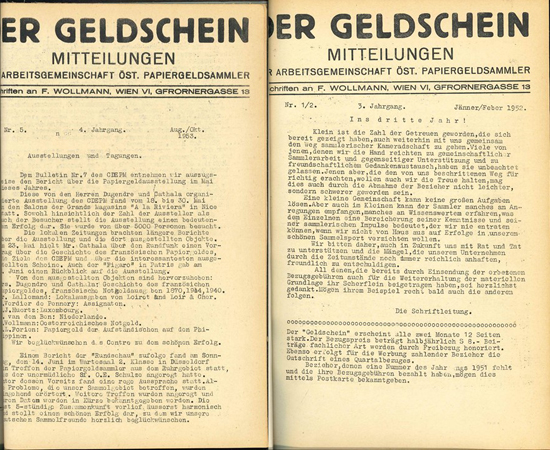  Wollmann, F.; Der Geldschein, Mitteilungen der Arbeitsgemeinschaft Öst. Papiergeldsammler; 1952/53   