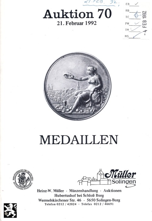  Müller (Solingen) 70 (1992) Thematische Medaillen ua Städte ,Verkehrswesen ,Medizin ,Preussen   