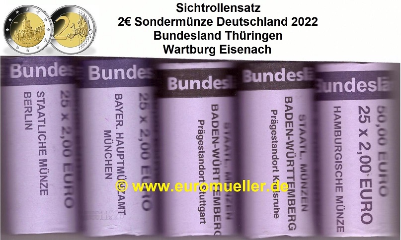 Deutschland 5 Rollen 2 Euro Gedenkmünze 2022...Thüringen...ADFGJ   