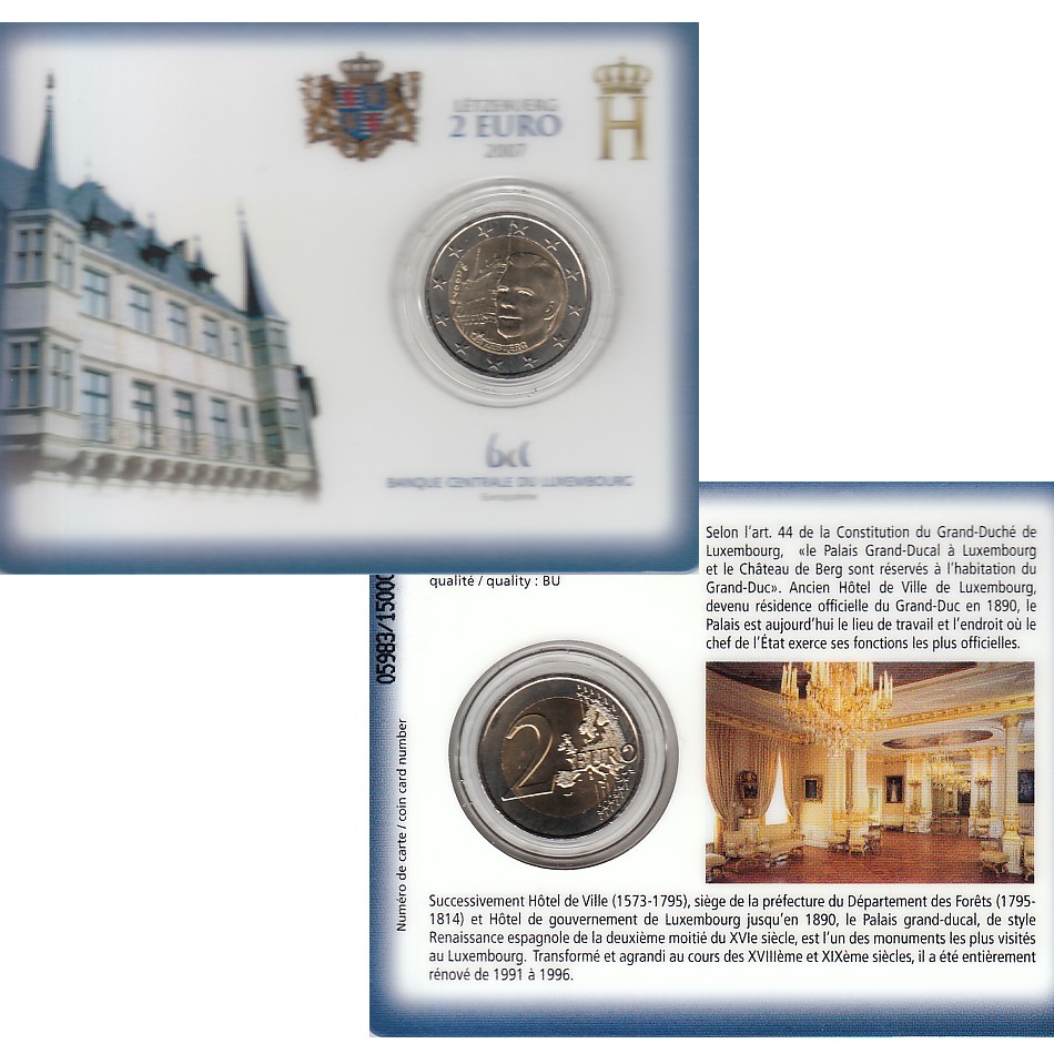  Offiz. Coincard 2 €-Sondermünze Luxemburg *Grossherzoglicher Palast* 2007 nur 15.000St!   