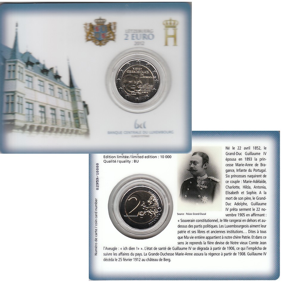  Offiz. Coincard 2 €-Sondermünze Luxemburg *Grossherzog Wilhelm IV.* 2012 nur 10.000St!   