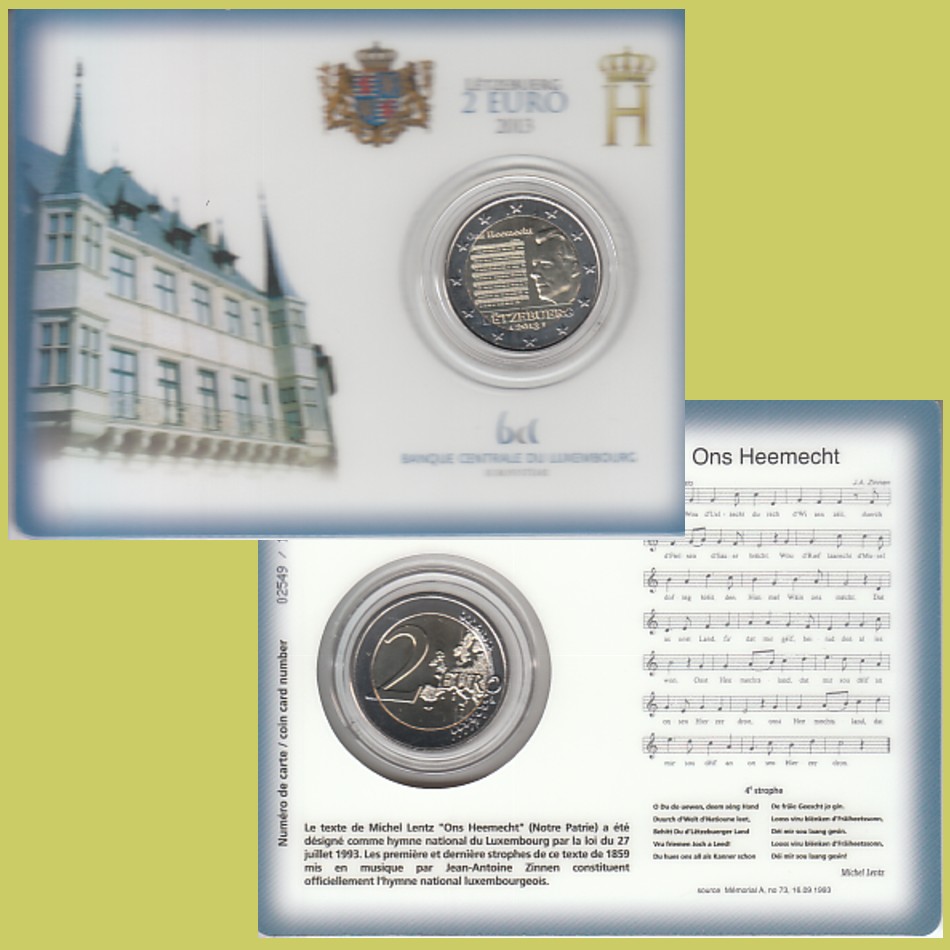  Offiz. Coincard 2 €-Sondermünze Luxemburg *Nationalhymne* 2013 nur 10.000St!   