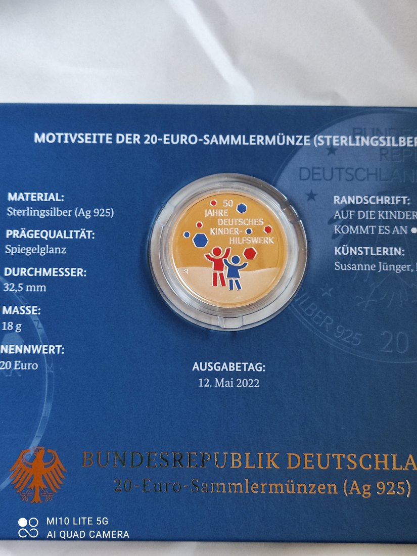  Deutschland 20 Euro Silbermünze 2022 50 Jahre deutsches Kinderhilfswerk Spiegelglanz pp   