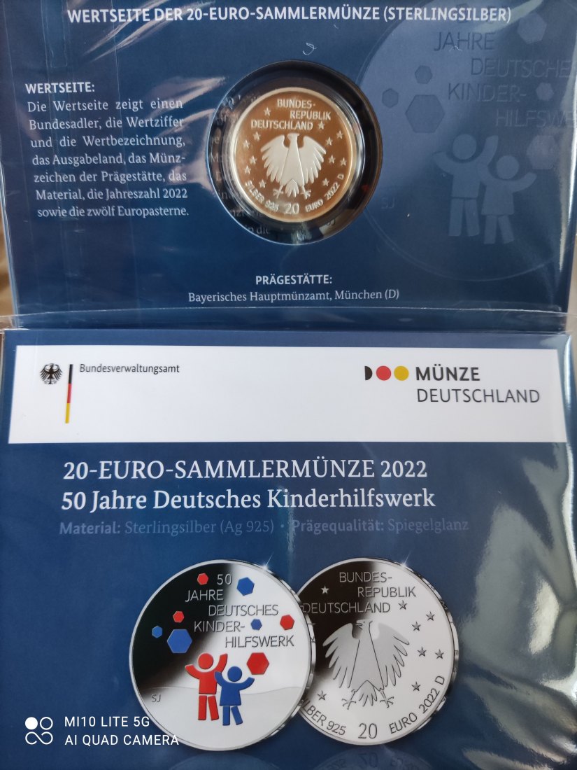  Deutschland 20 Euro Silbermünze 2022 50 Jahre deutsches Kinderhilfswerk Spiegelglanz pp   