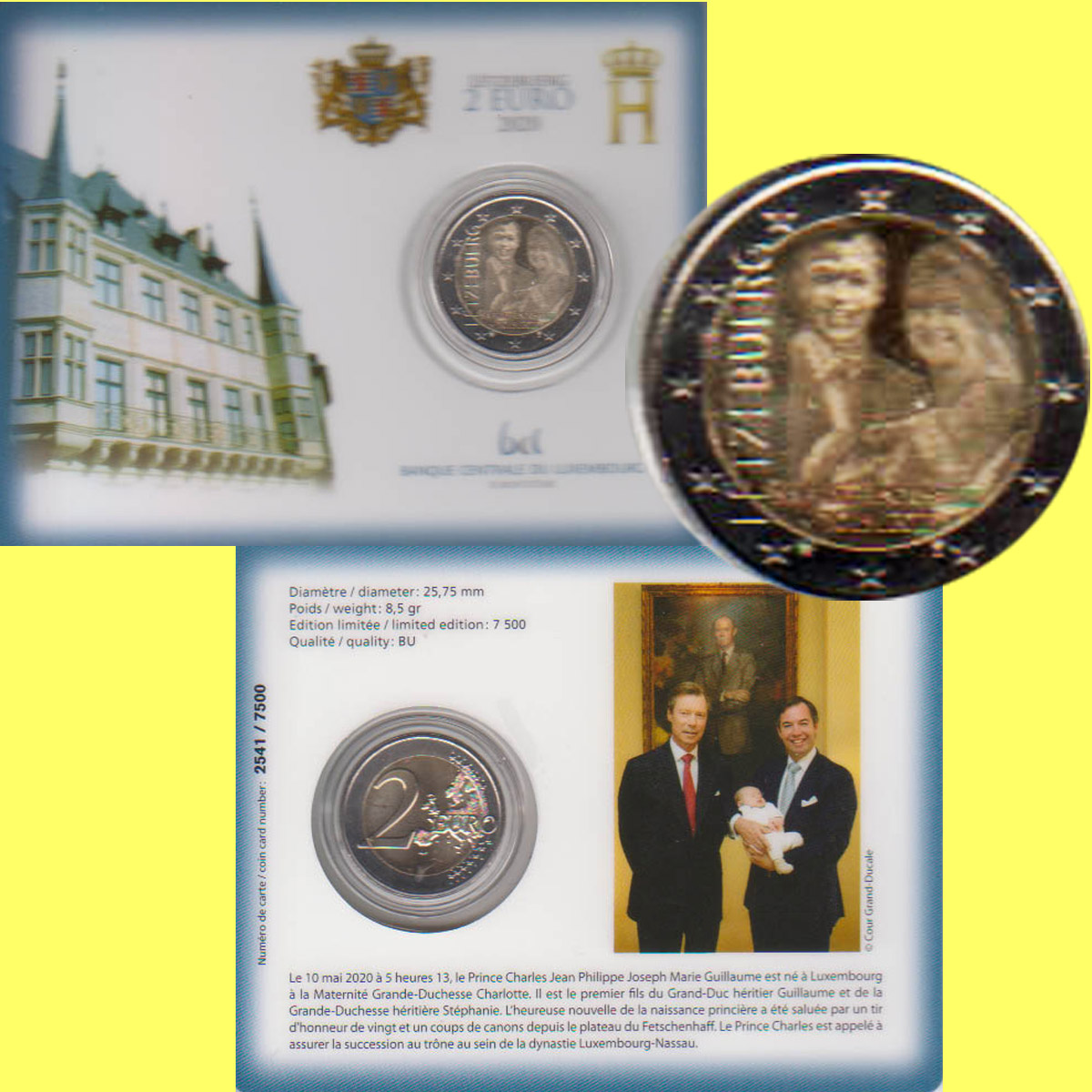  Offiz. Coincard 2 €-Sondermünze Luxemburg *Geburt von Prinz Charles* 2020 nur 7.500St!   
