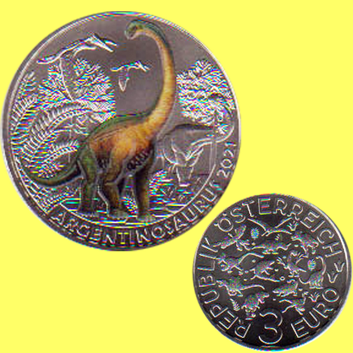  Offiz. 3-Euro-Farbmünze Österreich *Argentinosaurus huinculensis* 2021 Nachtaktive Münzen   